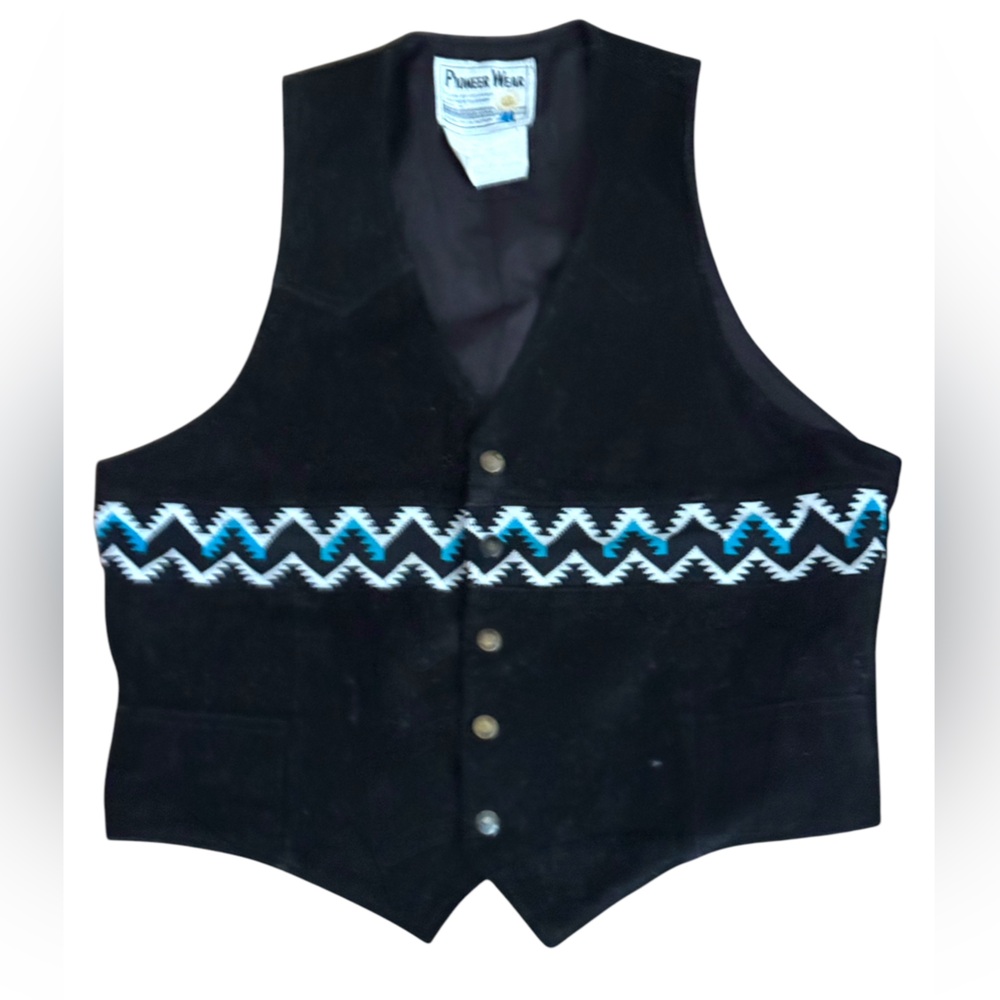 Vintage Pioneer Wear Southwestern Black Suede Vest Blue White Zigzag Pattern